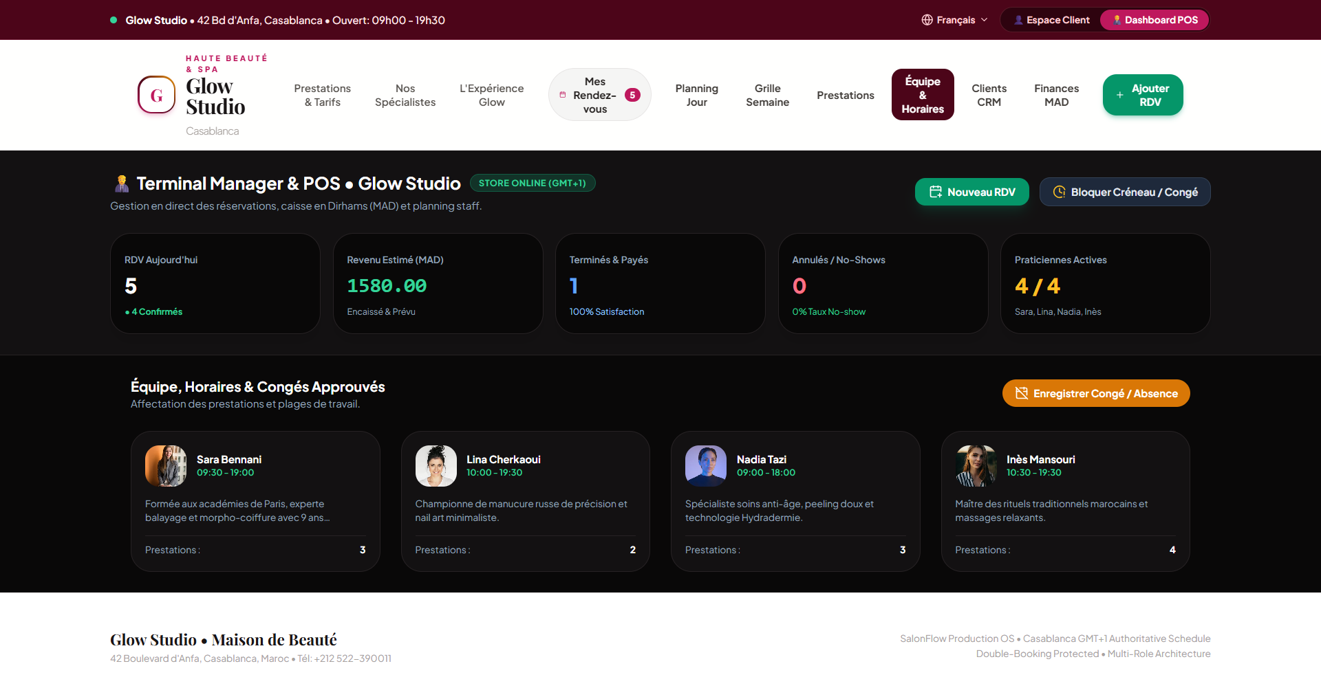 SalonFlow team and working hours screen.