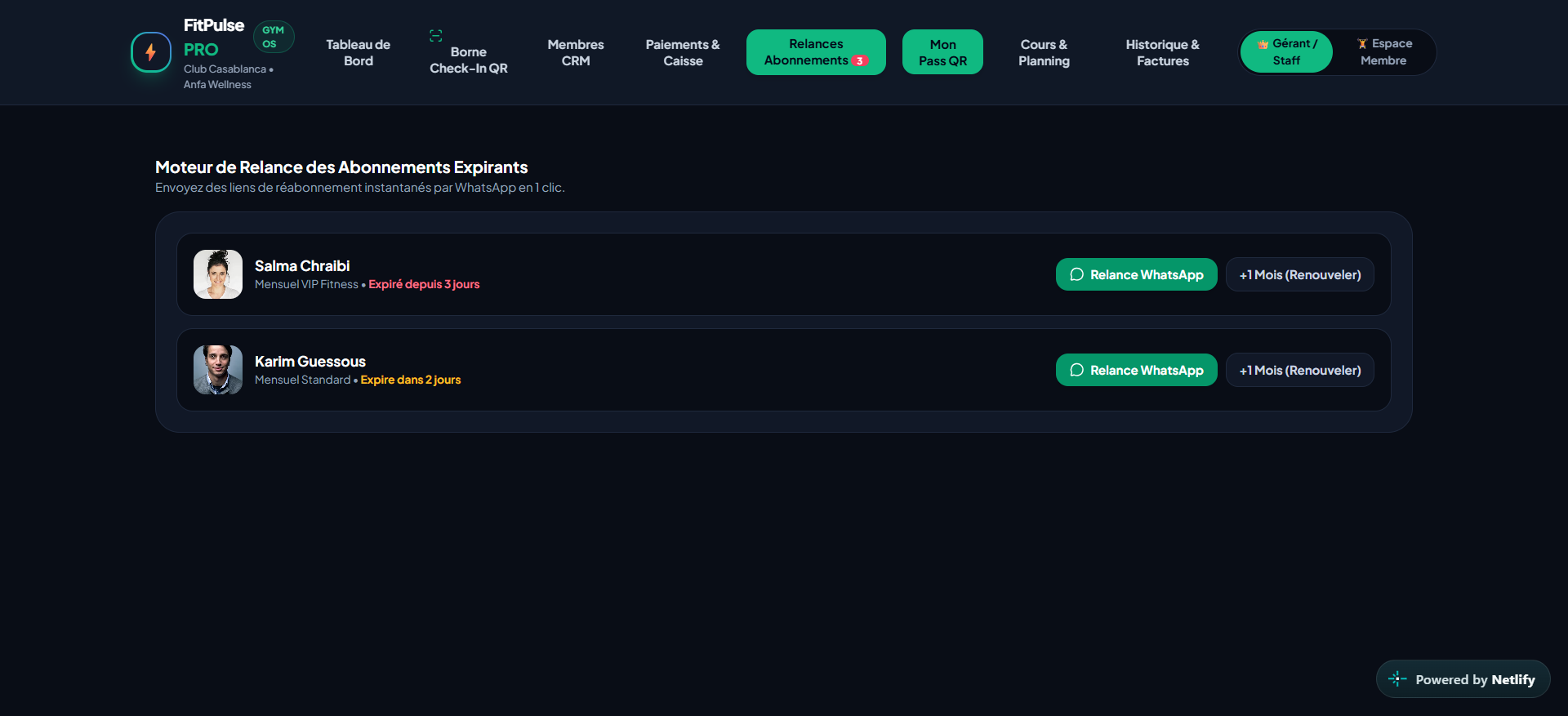 FitPulse PRO membership renewal reminder screen.