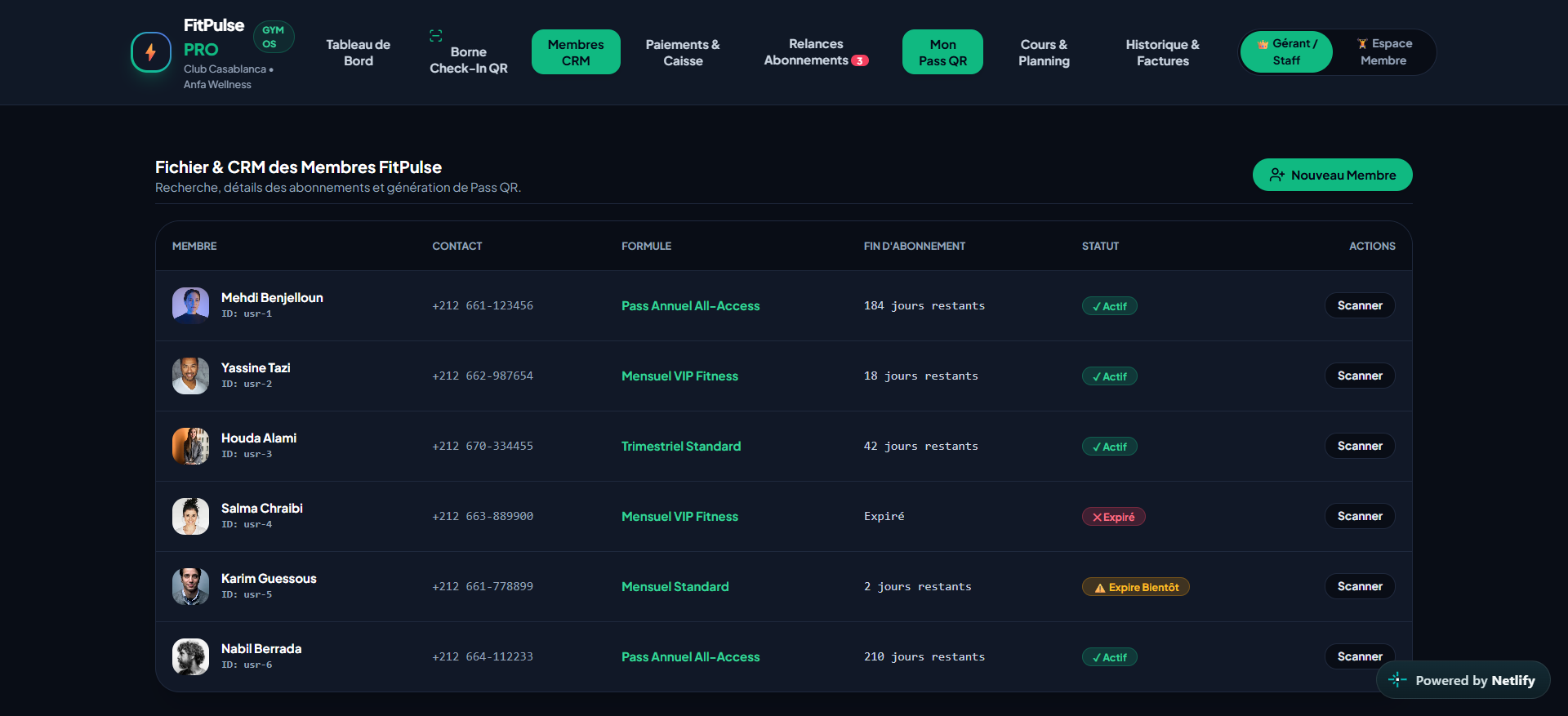 FitPulse PRO member CRM screen.