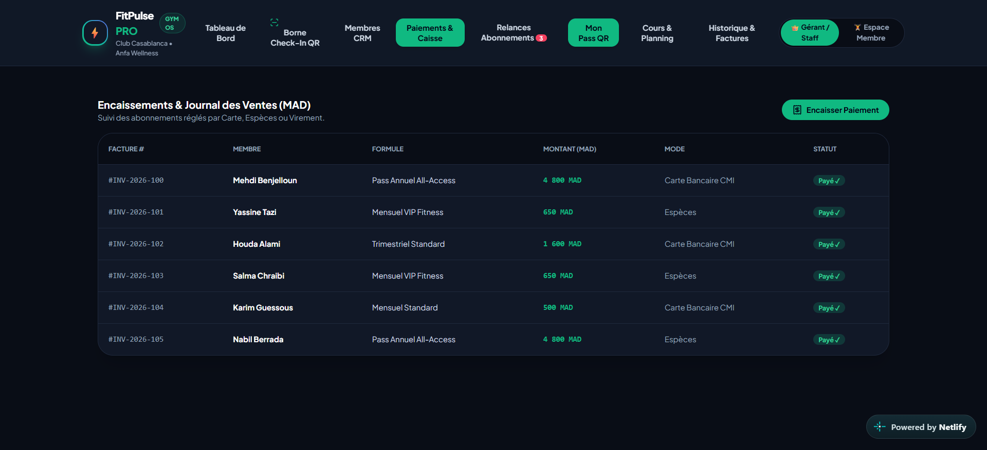 FitPulse PRO payments and cashier screen.