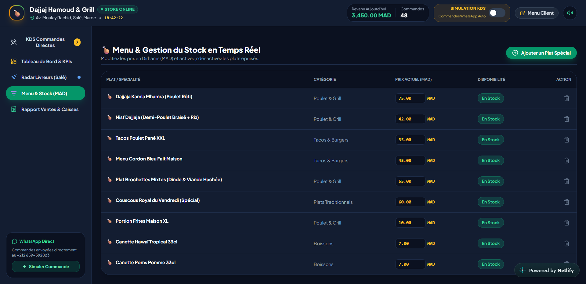Restaurant menu and stock management screen.